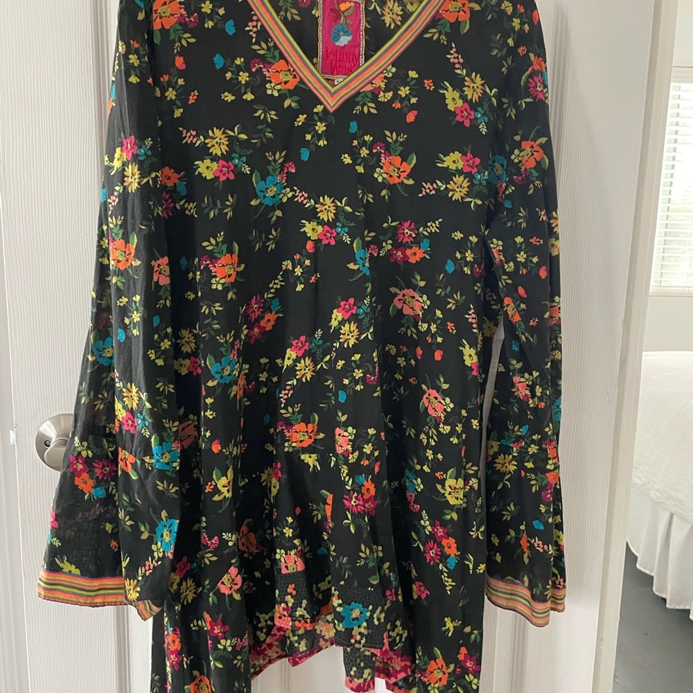 Johnny Was Green Bell Sleeve Tunic with Asymmetrical Pleats